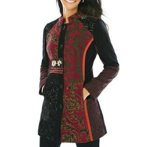 Chico's antique jacquard embroidered jacket patchwork design pockets 2